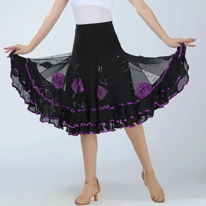 Traje de baile de lentejuelas para mujer, falda estándar de Flamenco de baile de salón de flores rojas, falda de baile moderna de columpio suave para fiesta de vals negra