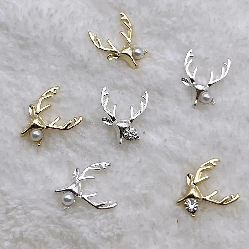 إكسسوارات فنية للأظافر من سبيكة الكريسماس ، تصاميم ذهبية ، رأس غزال فضي ، كريستال ساحر ، أحجار لؤلؤ ، ديكورات للأظافر ، 10 من أحجار الراين