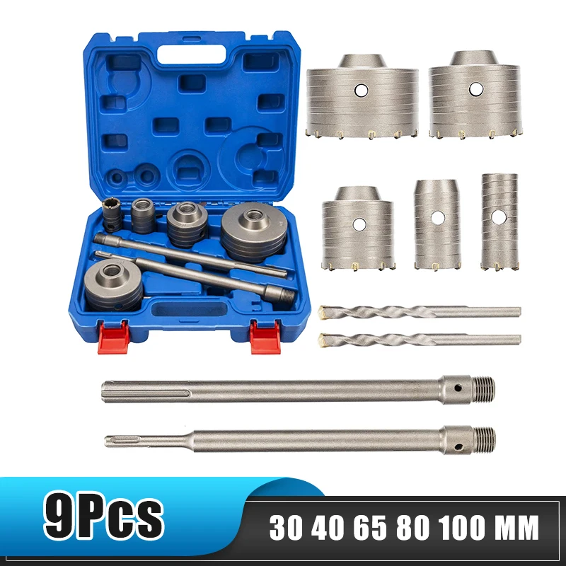 

Новинка, 9 шт., сверло для кольцевой пилы по бетону с хвостовиком 30 мм, 40 мм, 65 мм, 80 мм, 100 мм, комплект сверл для открывания отверстий, комплект сверл для открывания отверстий