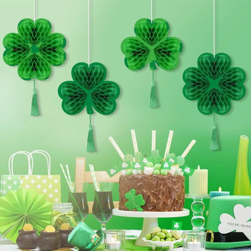 

4Pcs 3D Green Lucky Clover Honeycomb with Tassels Hanging Backdrops for Irish St Patrick's Day Party Home Ceiling Decorations