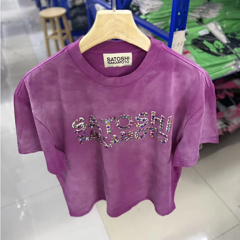 26SS Classic Design Men Women Satoshi Nakamoto T-Shirts Retro Wash Colorful Studded Letter Logo Hip Hop Oversized Tops Tees