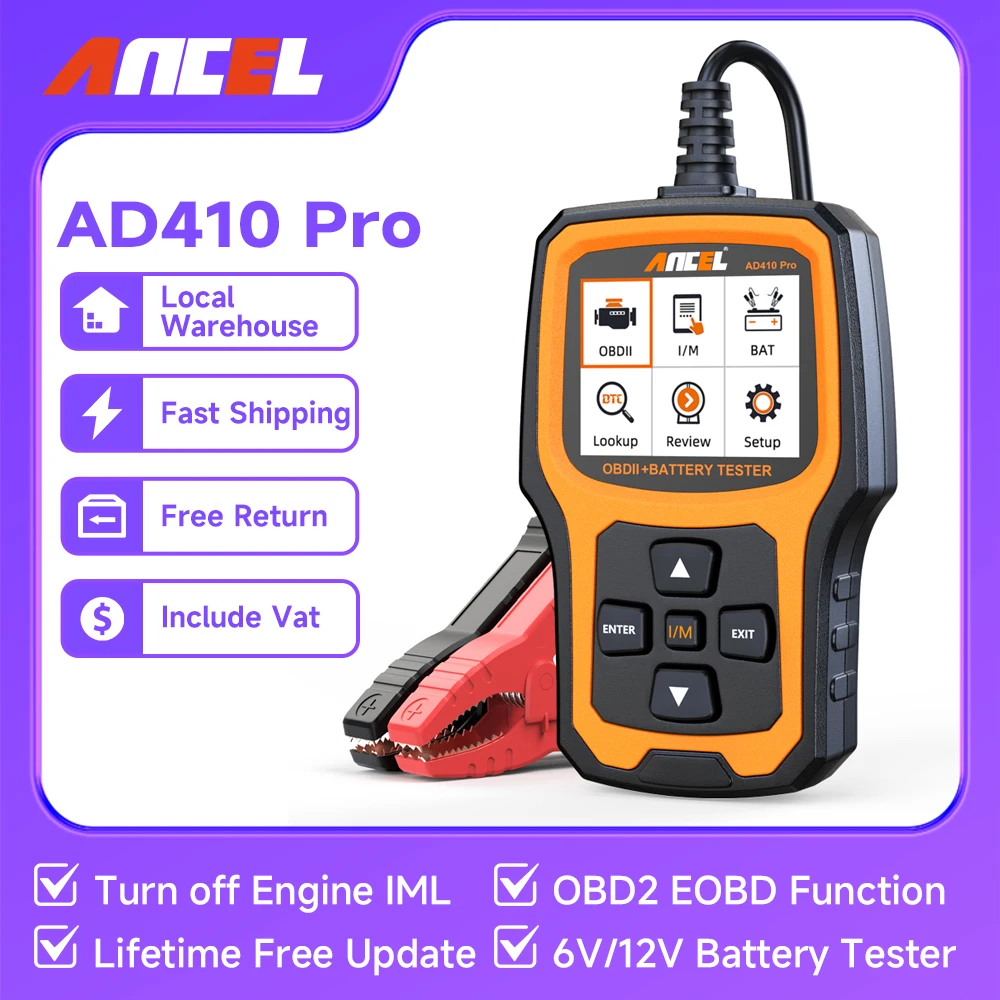 ANCEL AD410 PRO OBD2 Scanner 6V 12V Car Battery Tester 2 in1 Car Diagnostic Scanner Battery Load Tester Check Engine Code Reader