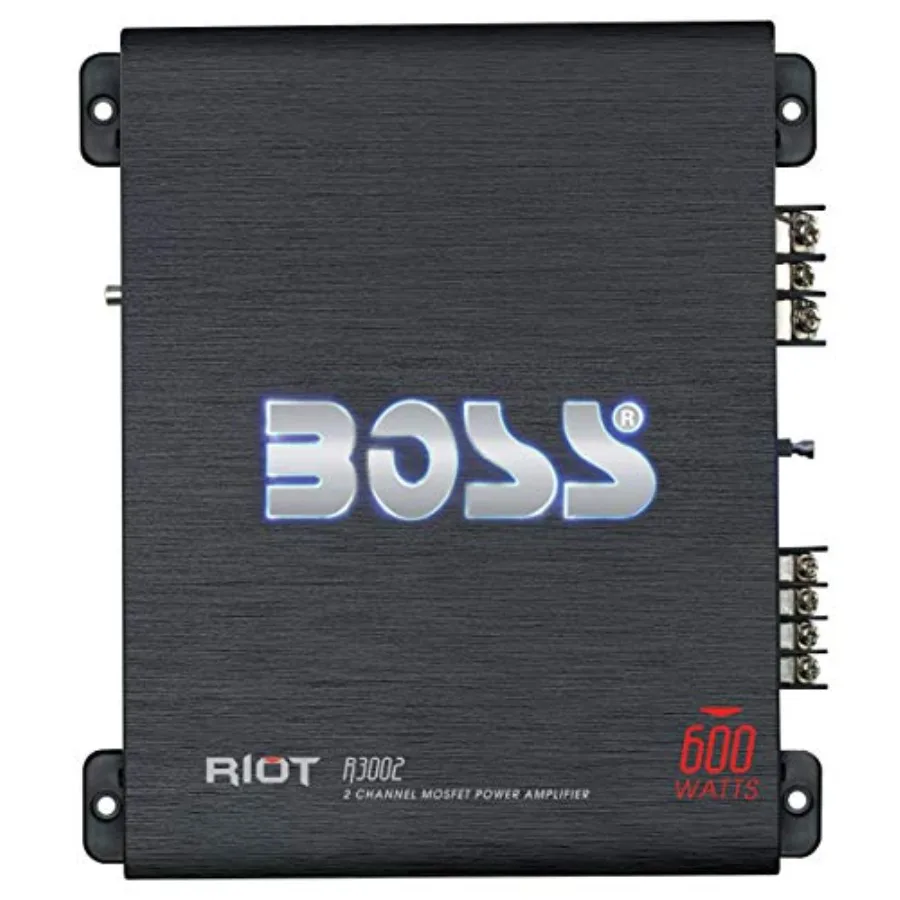 

Car audio amplifier for stereo and subwoofer setup, aluminum chassis, black, 600W high output, 2-channel Class AB with high/low