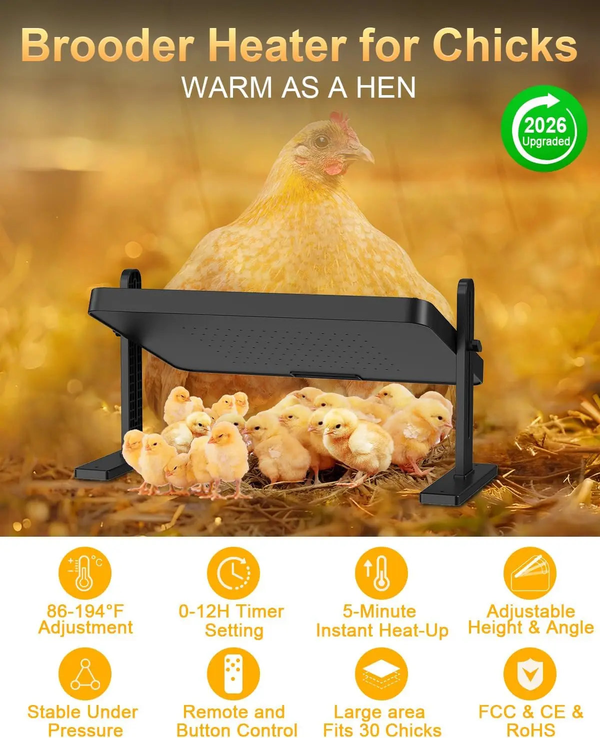 Indoor Chick Brooder - Adjustable Temp, Timer, Height and Angle, Rapid-Heating with Remote Control