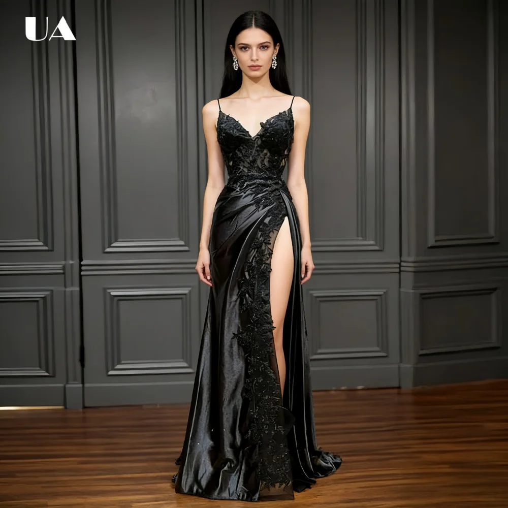 

ULBYANRY Customized Satin Mermaid Prom Dress with Lace Appliques Sexy High Slit Backless Evening Dress Trendy V-neck Party Dress