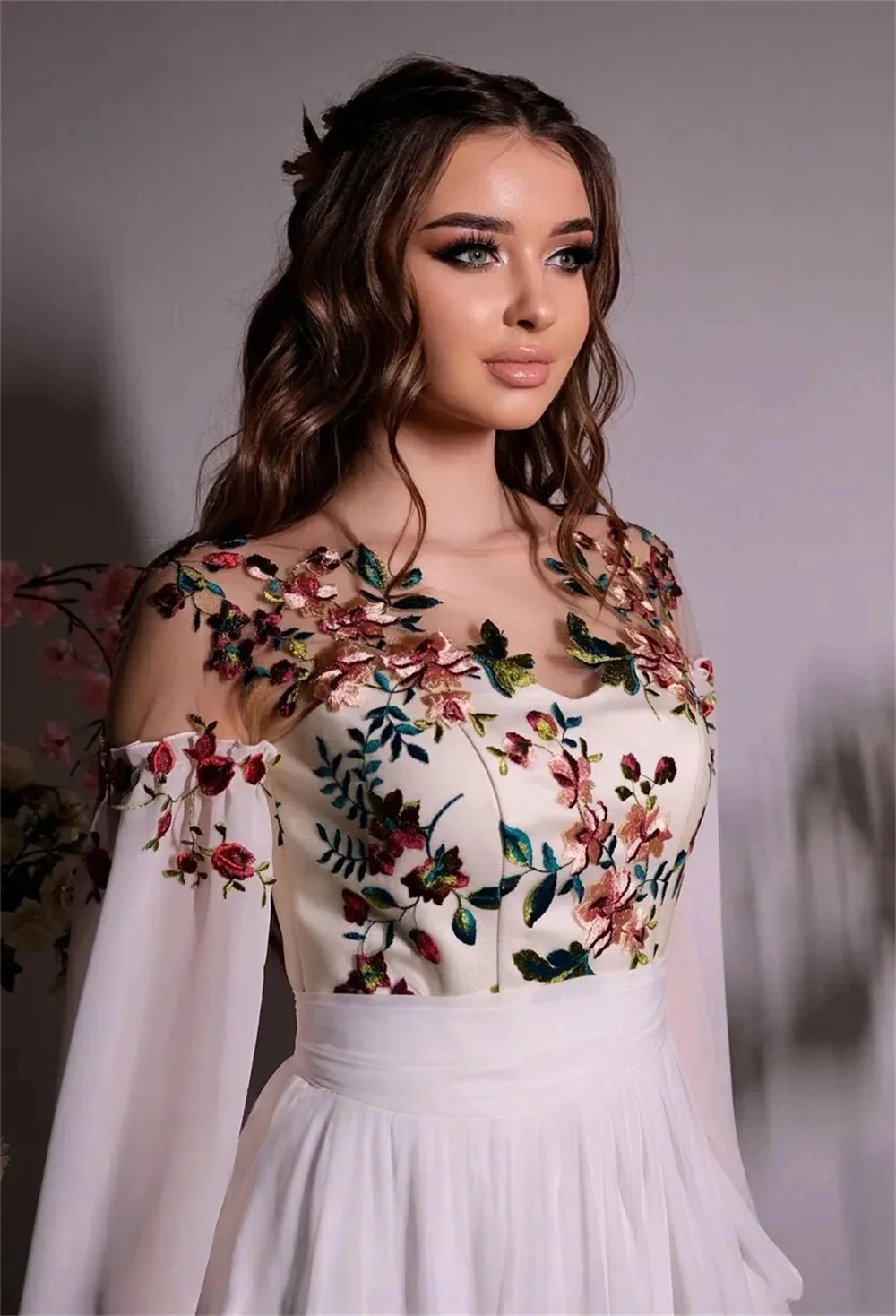 Kyoto White Floral A-line Wedding Dresses Off Shoulder Sweep Train Customized جديد في الفساتين Appliques vestidos de novia