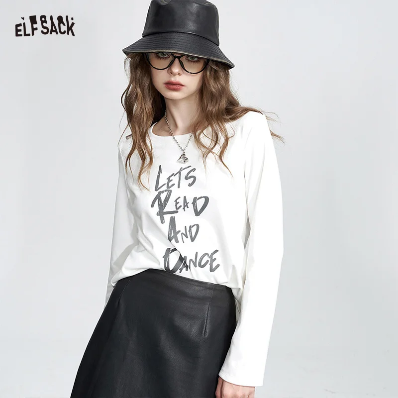 ELFSACK Women's Long Sleeve White T-Shirt with Letter Print, Casual Round Neck Graphic Tee for Everyday, Basic White Top