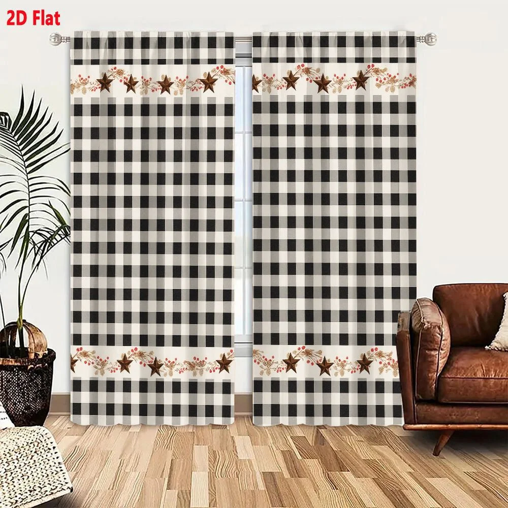 2Pcs Curtains 2D Flat Black And White Gingham Checkered Pattern With Brown Star Red Berries Light Brown Floral Leafy Decorative