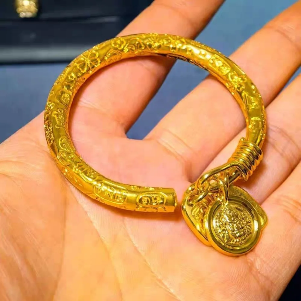 

New Copper Plated Golden round Rod Wound Silk Yellow Wealth God Lucky Phrase Bracelet for Peace And Prosperity