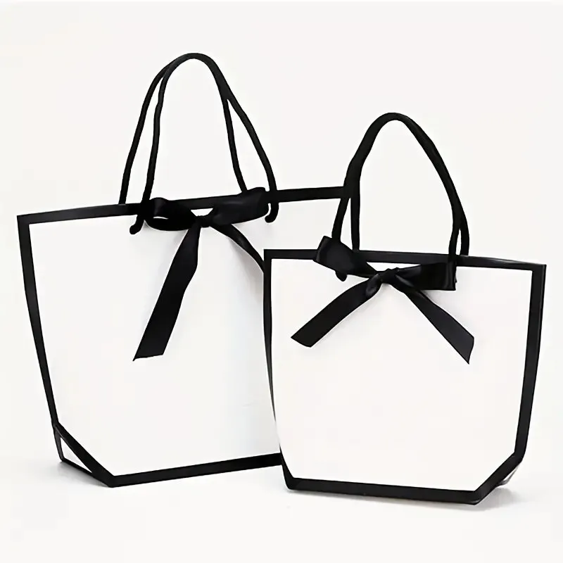 5pcs Ribbon Bow White Pardboard Paper Tote Gift Bags with Handles Shopping Party Wedding Party Birthday Retail Bags