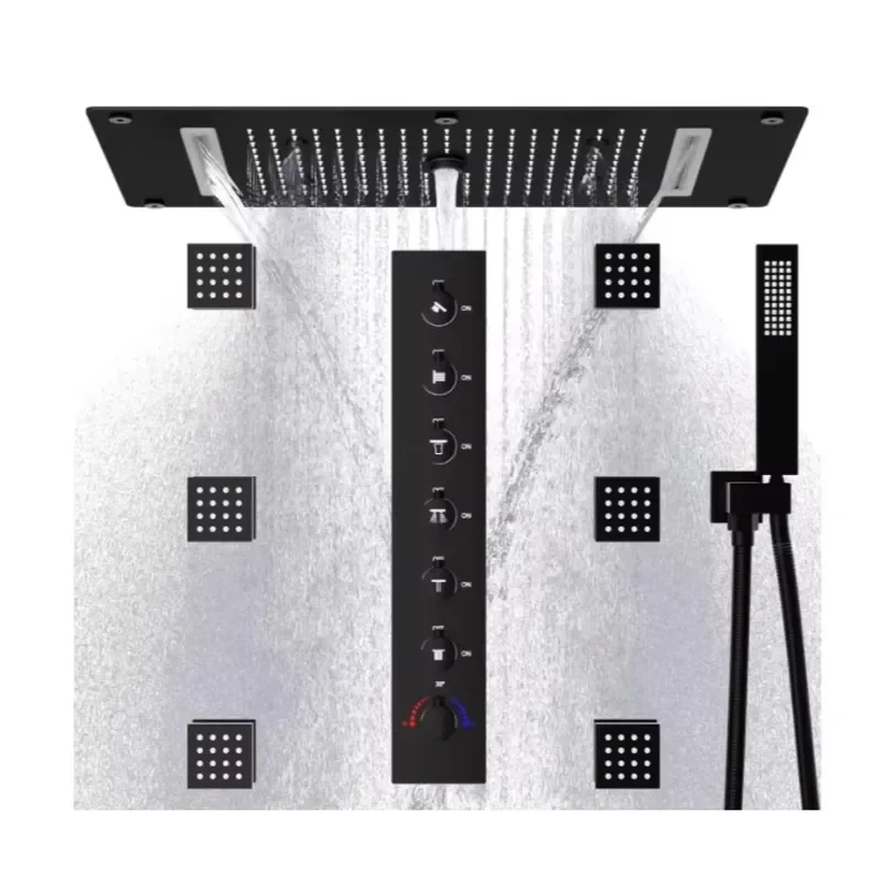 Luxurious Brass Matte Black Rainfall Massage Shower System with Rain Body Jet 6-Function Thermostatic Shower Set