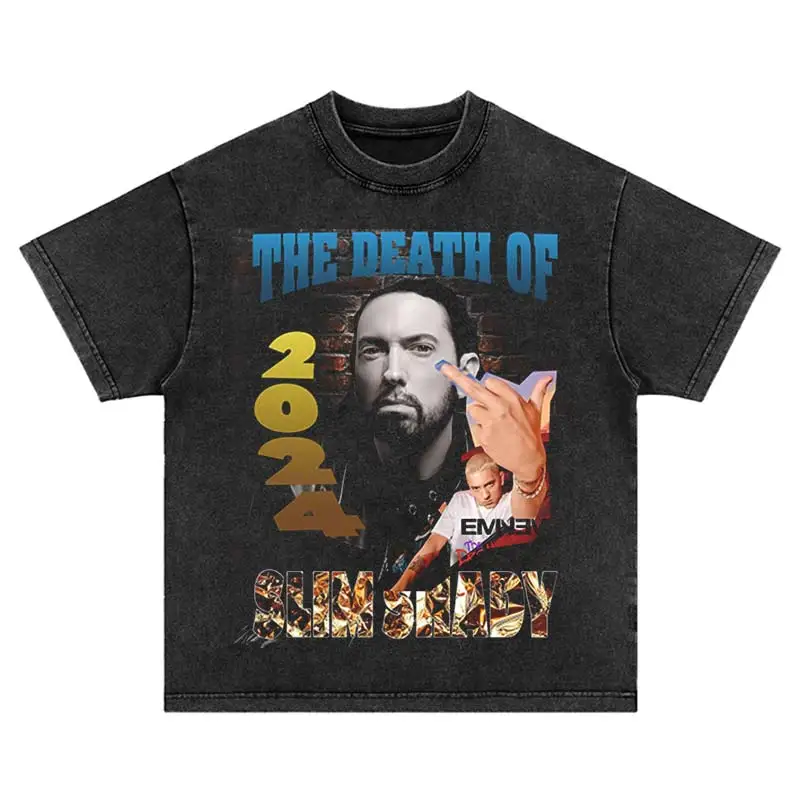 Harajuku Summer Vintage Flame Portrait Printed T-Shirt Hip Hop Washed Black Fashion Streetwear Oversized Cotton Leisure Tshirt