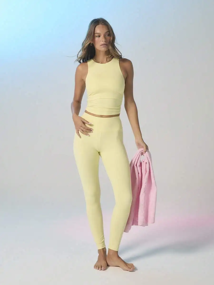 

Sleeveless Crew Neck Ruched Bodycon Stretch Workout Set Women Summer Vacation Two Piece Outfit