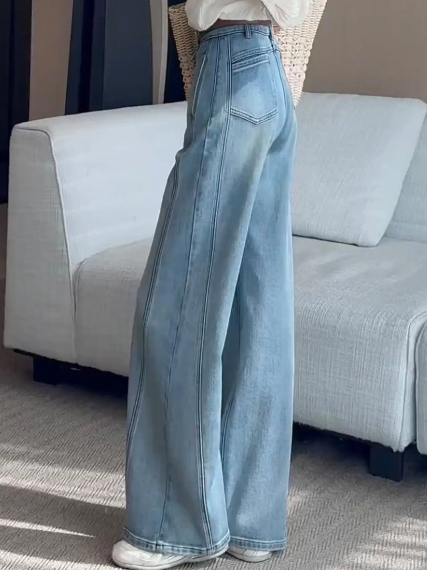 Women's Light Blue High Waisted Wide Leg Jeans Side Seam Denim Pants Y2K Vintage Wash Full Length Loose Trousers
