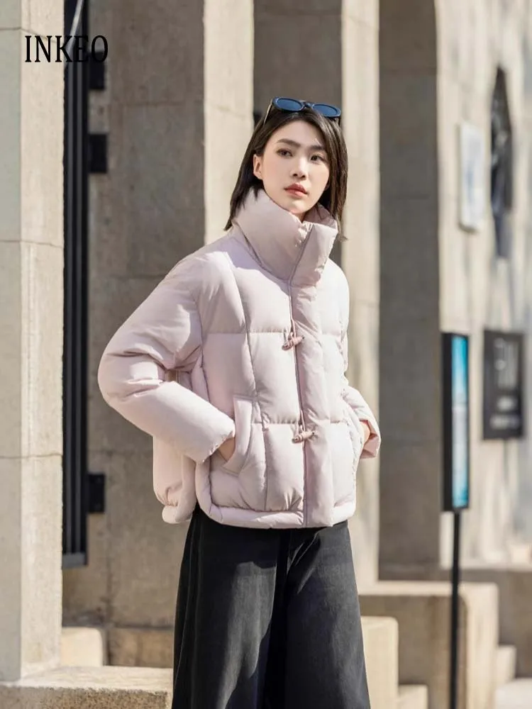 

Роскошный женский пуховик на гусином пуху, свободная зимняя мода 2025 года, водолазка, короткое пуховое пальто, однотонная теплая верхняя одежда INKEO DJ518
