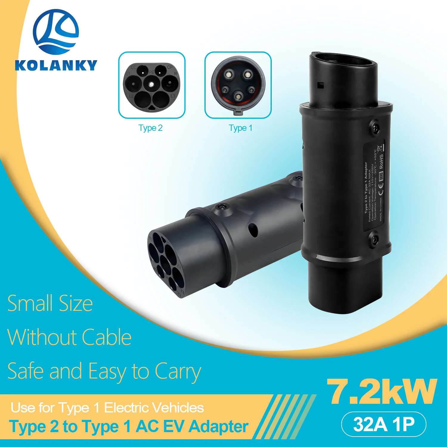 

Kolanky IP54 Адаптер для зарядки переменного тока европейского стандарта в американский стандарт 7,2 кВт 32A 1P Разъем адаптера Type2 на Type1 J1772 EV