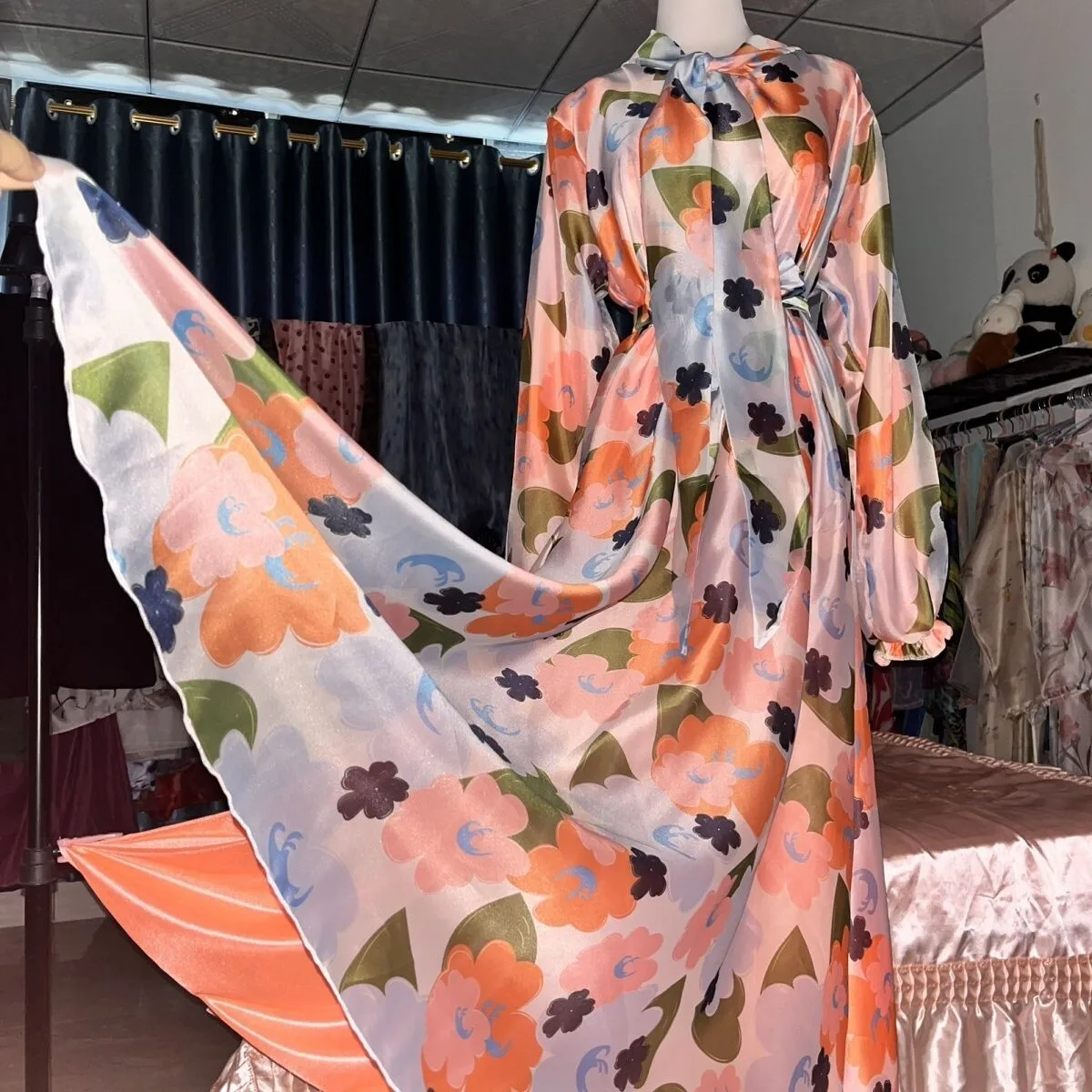 글로시 여성 메쉬 새틴 2겹 롱 드레스 루즈 파자마 맥시 드레스 풀오버 우아한 드레스 잠옷