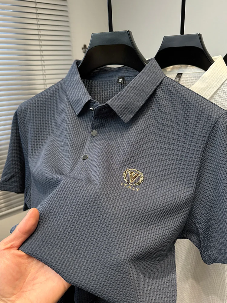 مصمم الراقية العلامة التجارية قصيرة الأكمام قميص بولو الرجال الصيف عالية الجودة الحرير الجليد مريحة للتنفس عارضة التلبيب تي شيرت #4