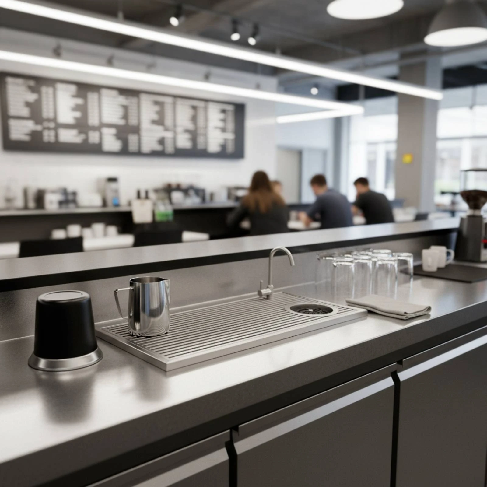 Draining Station with Slatted Top Built-in Coffee Hand-Rinse Station Countertop Rectangular for Baristas, Cafes, Home Counters