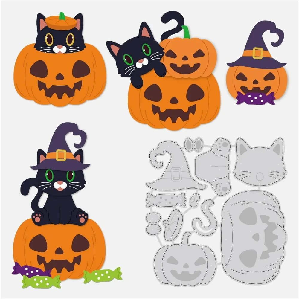 4.2x4.2 inch Halloween Cutting Dies Set, Pumpkin Cat Pattern Embossing Dies for Halloween Scrapbook Card Making DIY Crafts