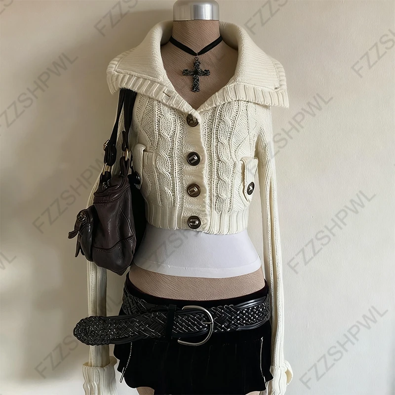 Cárdigan de punto estético Y2K Harajuku para mujer, Sudadera con capucha de Color sólido con diseño de botones, Sexy, ajustada y elegante, nueva moda 2025