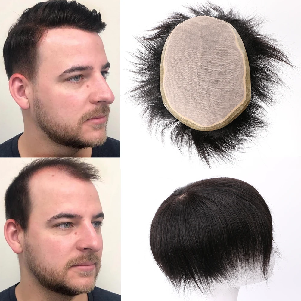 

Most Realistic Men's Toupee Unprocessed Virgin Human Hair Silk Base Like Natural From Skin Bleachable #27 Ultra Breathable #1B