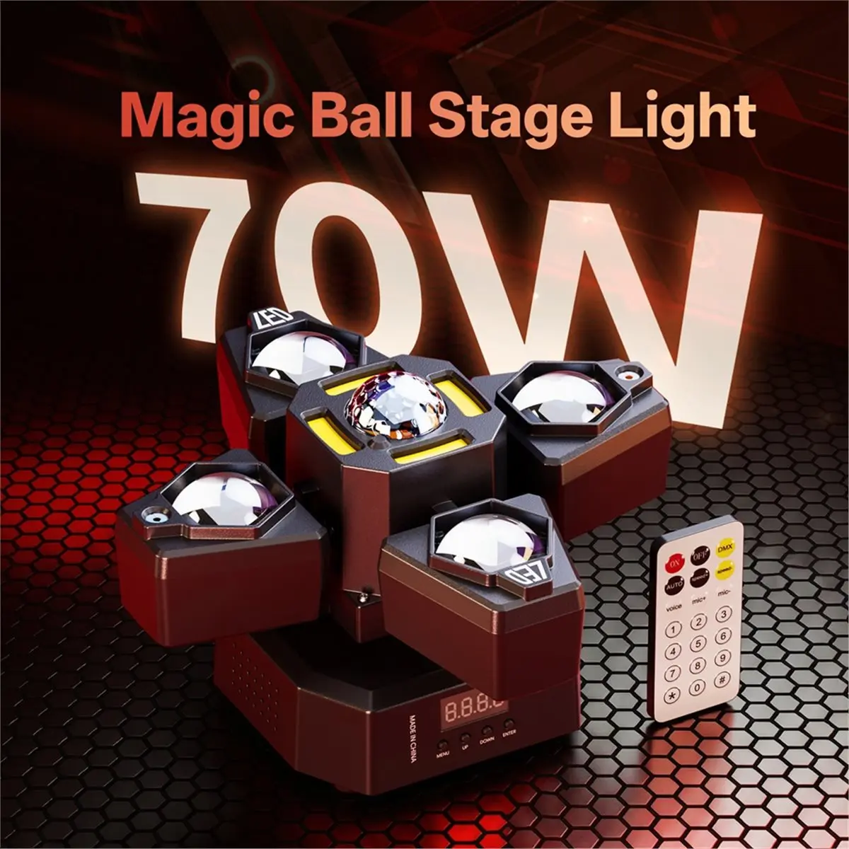 DT75BG 70W 4-Arm Magic Ball Stage Light, RGBW LED DJ Light with Remote & Control for Disco Party Bar B US Plug