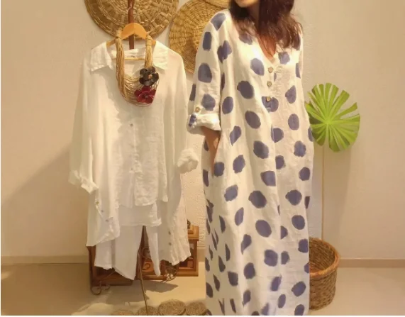 

Loose and fashionable casual cotton linen polka dot long sleeved dress, new women's clothing for summer 2025