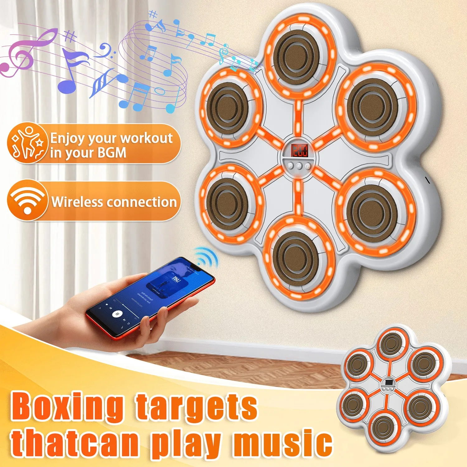 هدف الملاكمة للموسيقى الذكية - مفاتيح بيضاء للجسم باللون البرتقالي، حصيرة EVA خفيفة قابلة للتعديل، معدات الصالة الرياضية المنزلية القابلة لإعادة الشحن عبر USB