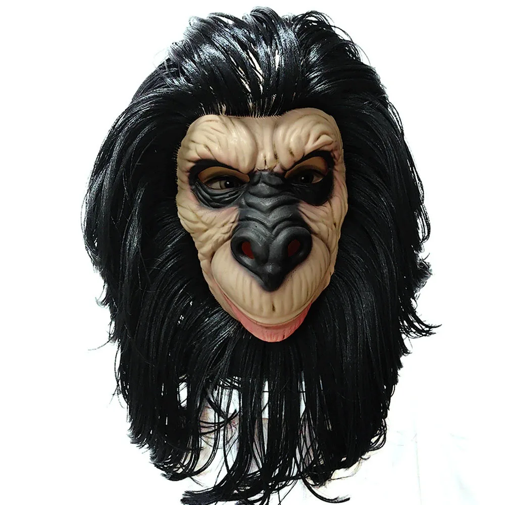 

Латексная маска обезьяны, черные волосы, забавные вечерние маски с животными, орангутанг для взрослых, Хэллоуин Маска, костюм, мяч, головной убор, реквизит, один размер