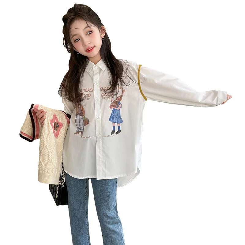 

2025 Spring School Child Bending Bottom Cartoon Blouse For Girls Long Sleeve White Shirt For Teenagers Kids Age 4 5 7 9 11 13 14