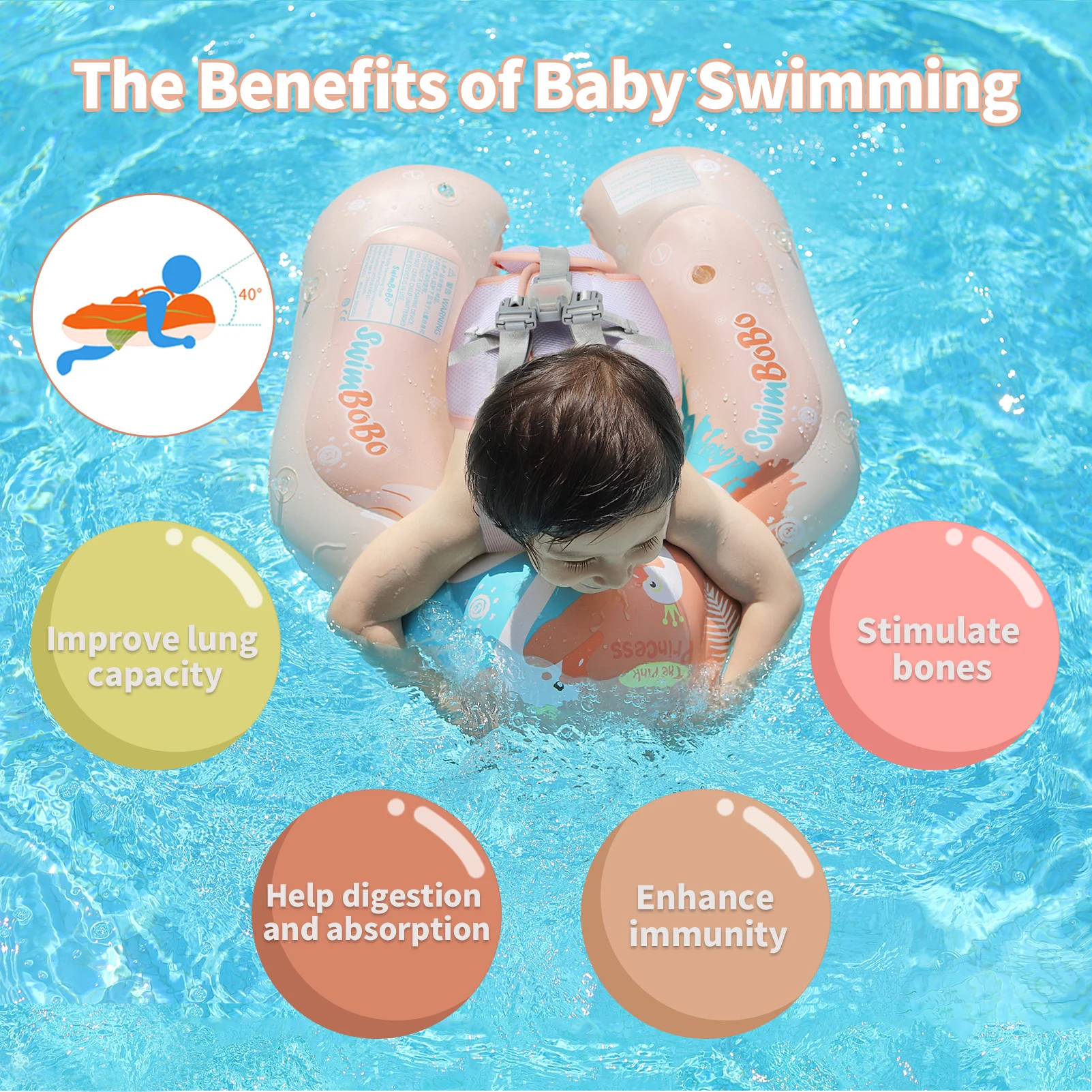 Swimbobo, nuevas actualizaciones, malla más seguridad, asiento con ventilación suave, bolsillo para bebé, natación inflable, anillo flotante para niños, círculo, juguetes de verano
