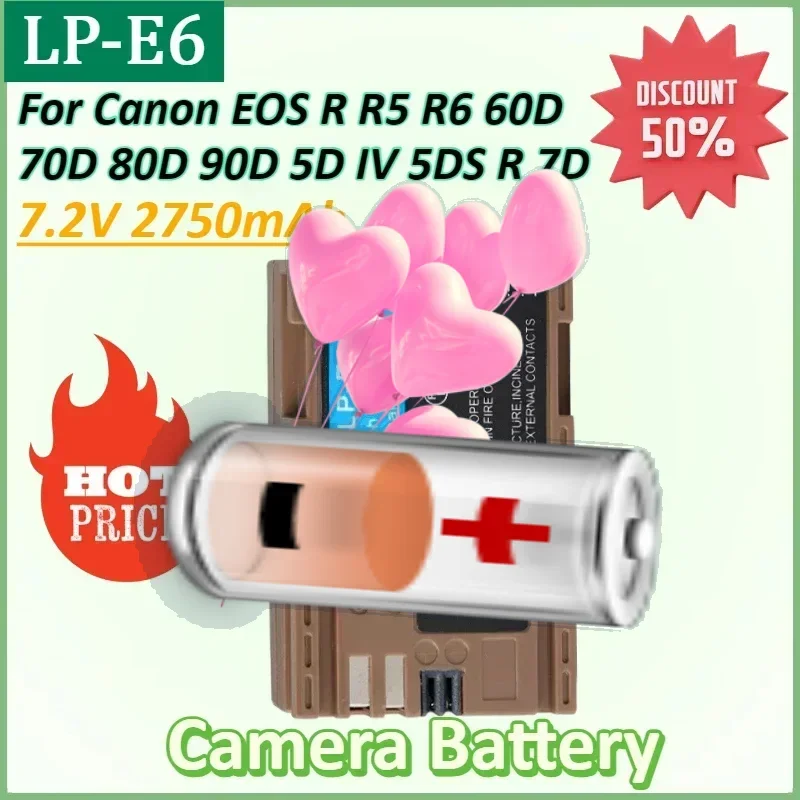 

LP-E6NH 7.2V 2750mAh LP-E6N LP-E6 Camera Battery Type-C Charging Input for Canon EOS R R5 R6 60D 70D 80D 90D 5D IV 5DS R 7D