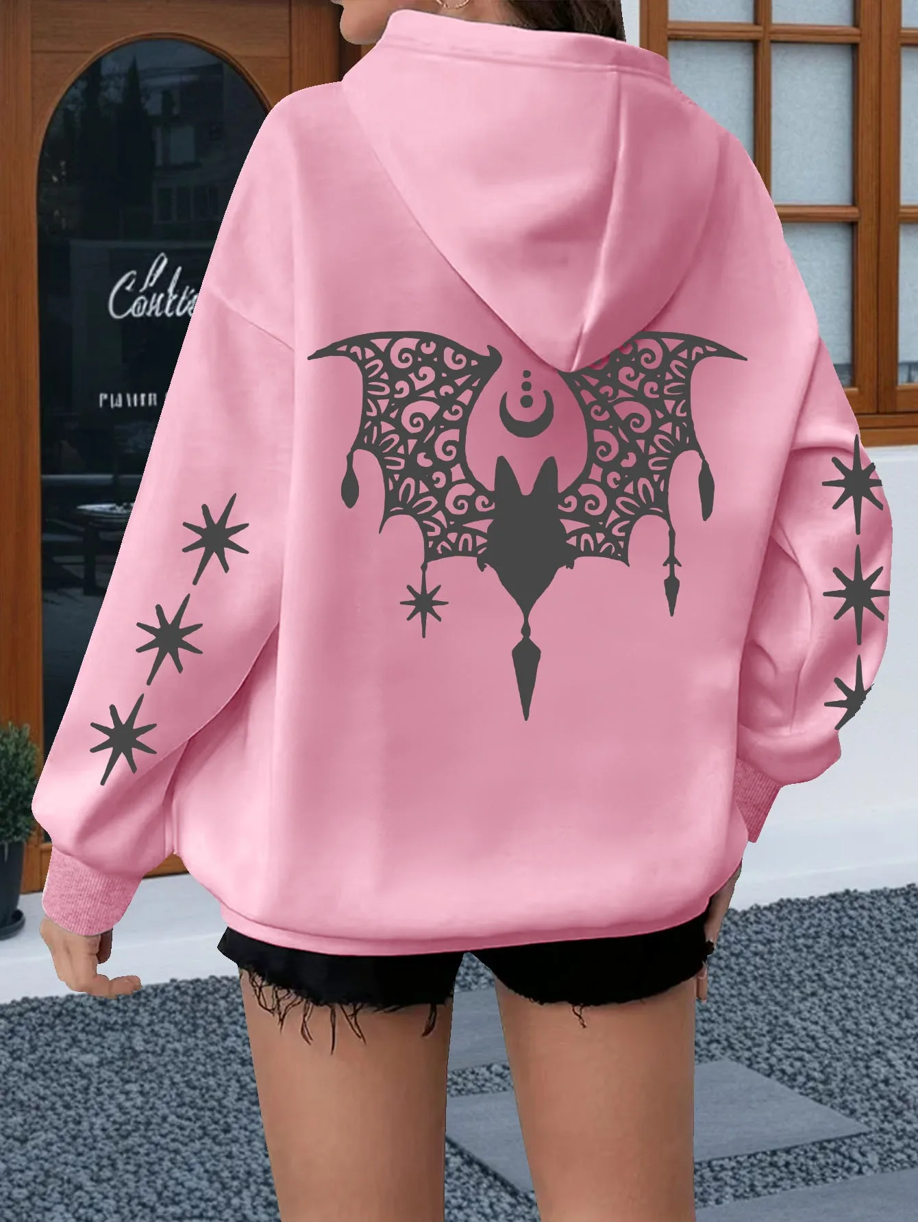 Women Vintage Bat Pattern Hoodie Unisex Autumn Winter Fleece Oversized Hooded Everyday Outdoors Hoodie for Any Occasion