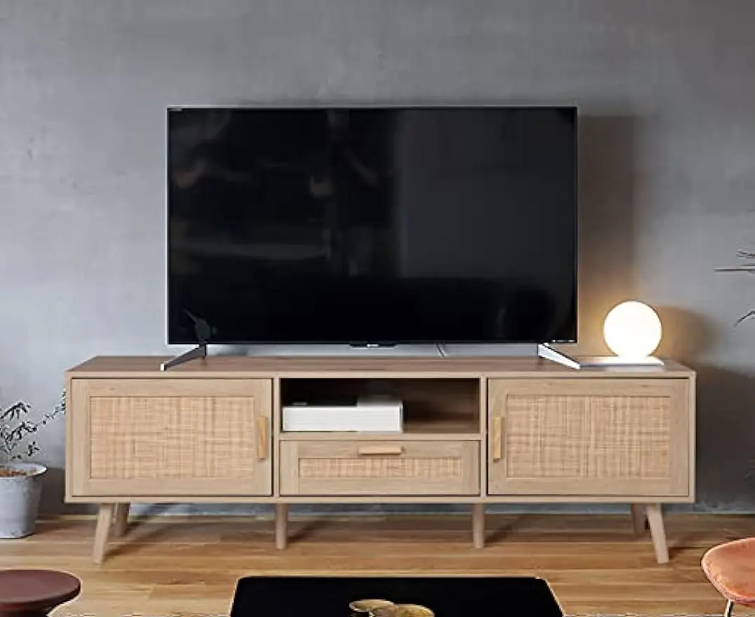 59 Inch Boho TV Stand for up to 70 inch TV, TV Console with 2 Hand Made Rattan Decorated Doors, Living Room Entertainme