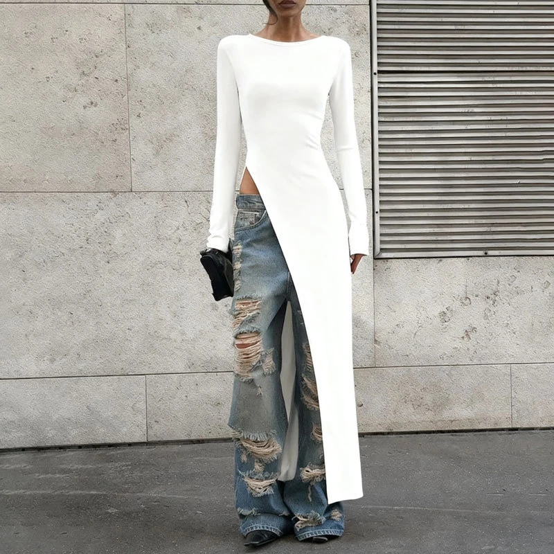 

2025 элегантное тонкое вечернее платье с высокой талией, модное асимметричное платье-халат с круглым вырезом, женское повседневное однотонное длинное платье с длинными рукавами