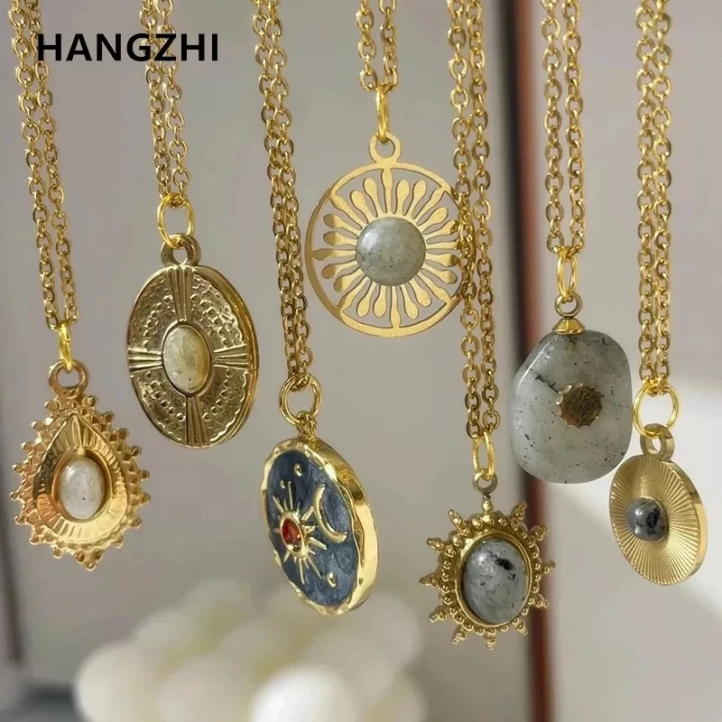 HangZhi 2022 New Gray Enamel Round Star Sun Charm Natural Stones Pendants Necklace Stainless Steel Clavicle Chain Jewelry