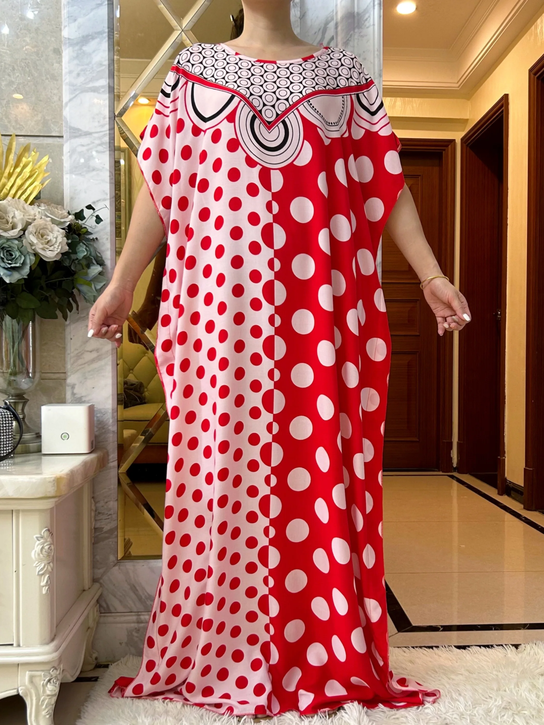 Summer Dress For Women Printed Appliques Cotton Moroccan Caftan Loose Femme Robe African Nigeria Dresses With Big Lace Scarf
