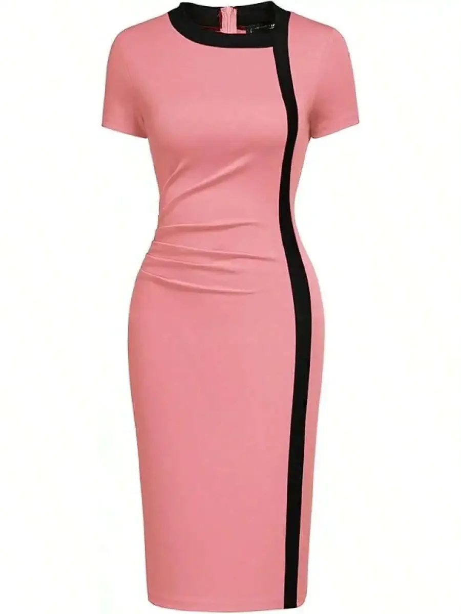 

Women Pink Pencil Dress With Black Splicing Short Sleeve Ruched Waist Office Church