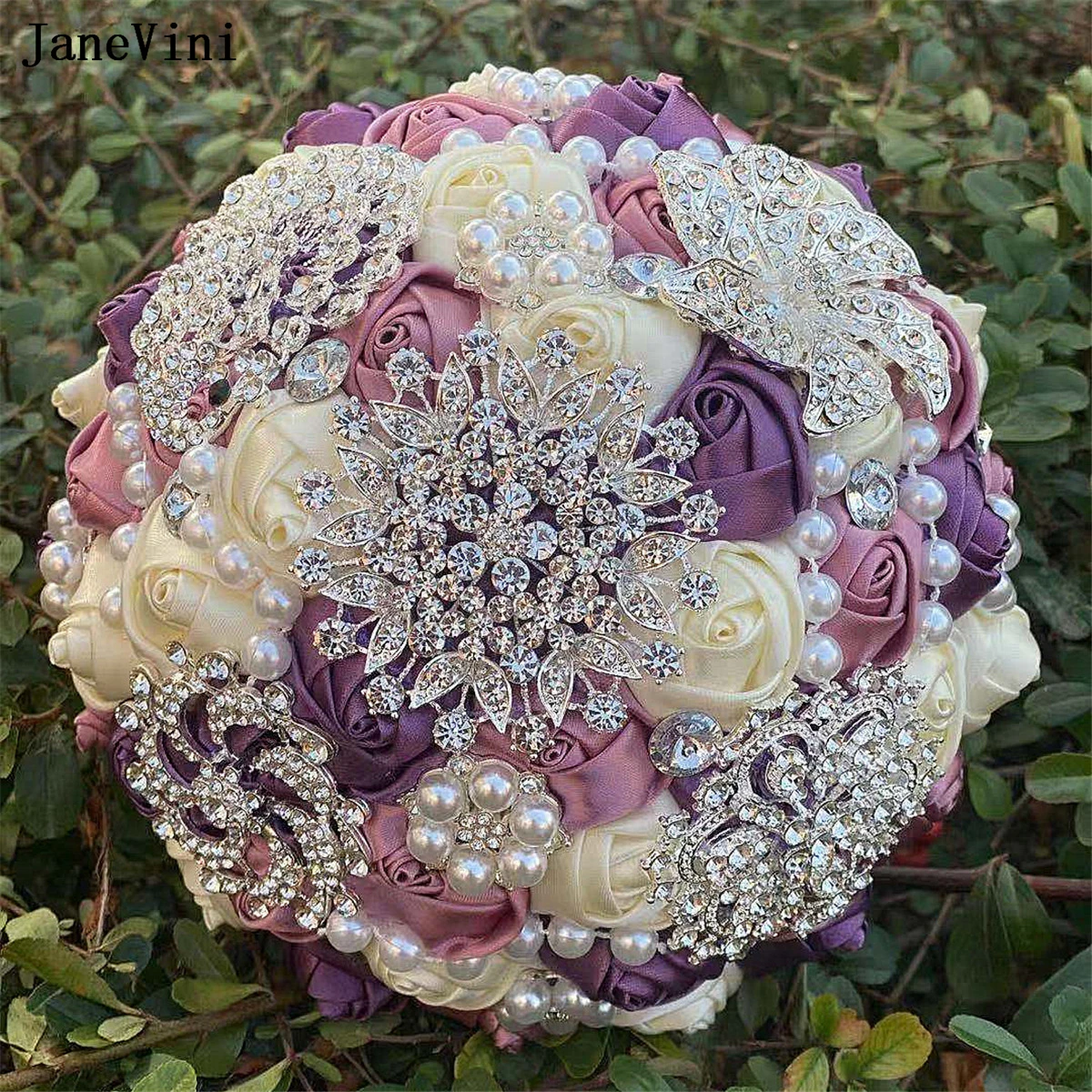 JaneVini 2024 New Purple Ivory Ribbon Roses Bridal Bouquets Luxury Silver Crystals Pearls Jewelry Wedding Brooch Bouquet Flower