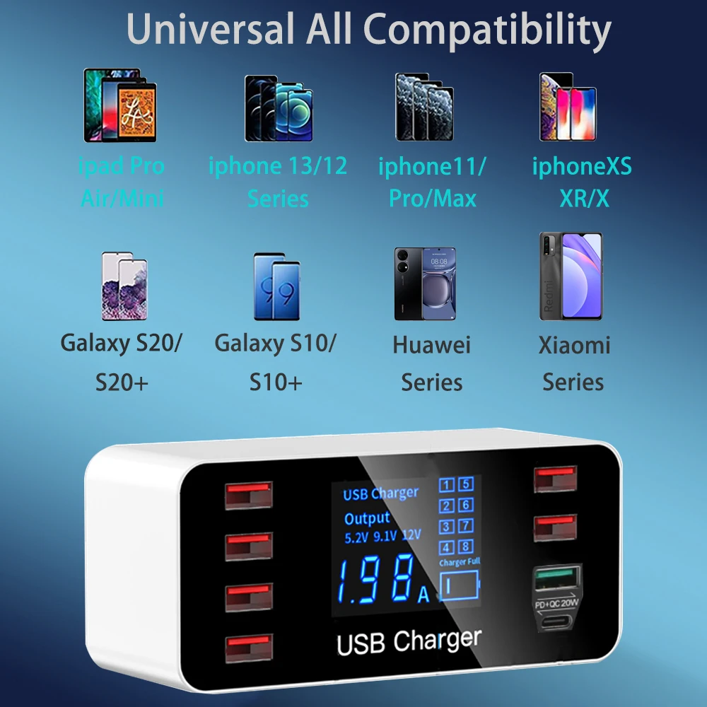 Cargador de teléfono USB QC3.0 de carga rápida de 60W, adaptador de carga rápida de 8 puertos tipo C 20W PD, estación de carga con pantalla LED para iPhone