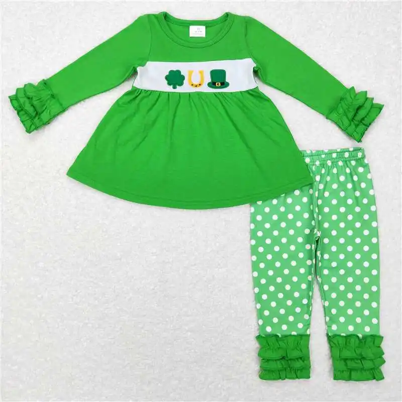 wholesale hot sale baby boys and girls clothes Embroidered four-leaf clover lace green long-sleeved polka dot trousers suit