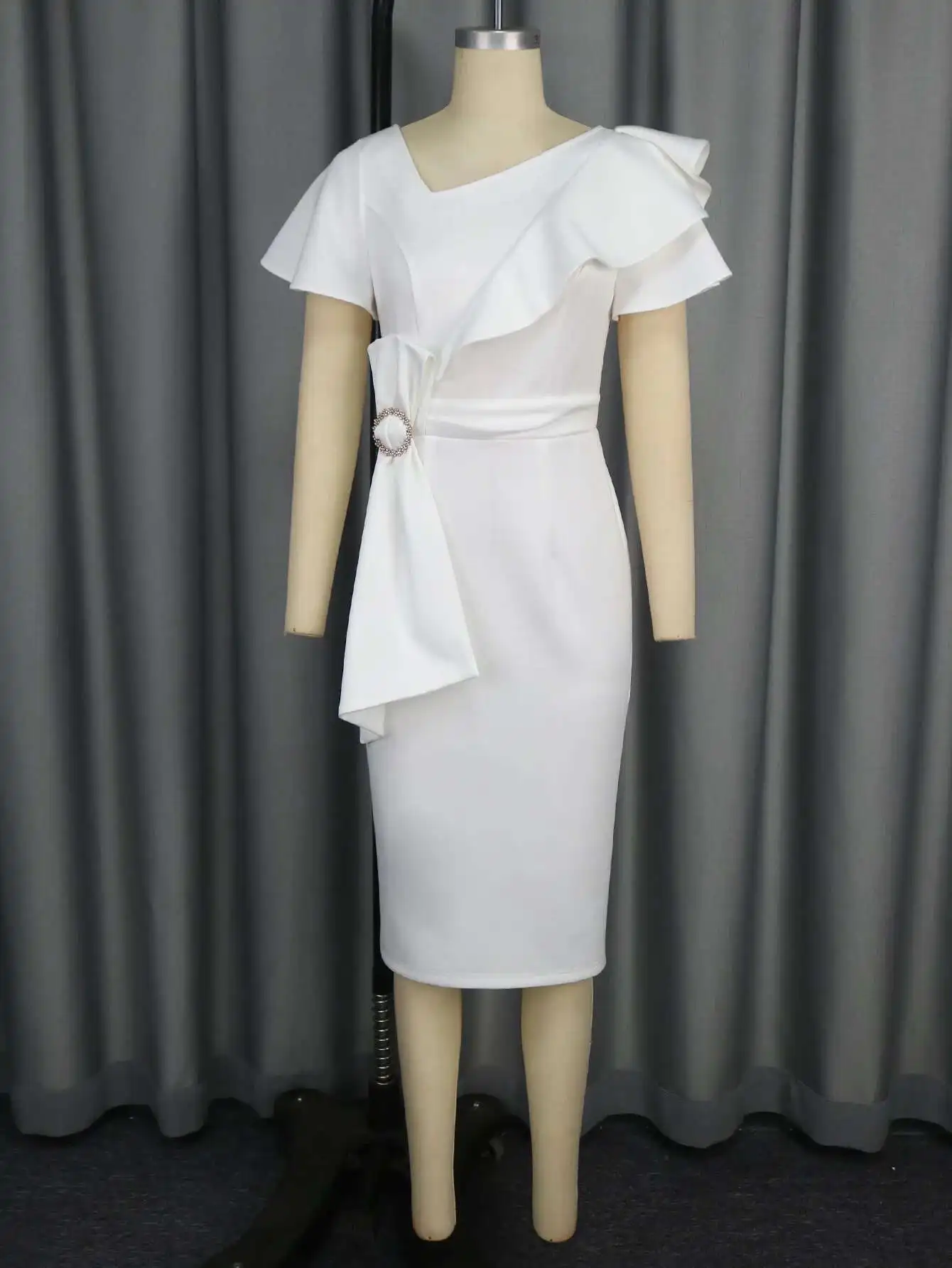 

Elegant Asymmetric Neck Ruffle Bodycon Dress High Waist Bowknot Slim Fit Party Bridesmaid Dress Dresses Robe Vestido Women Party