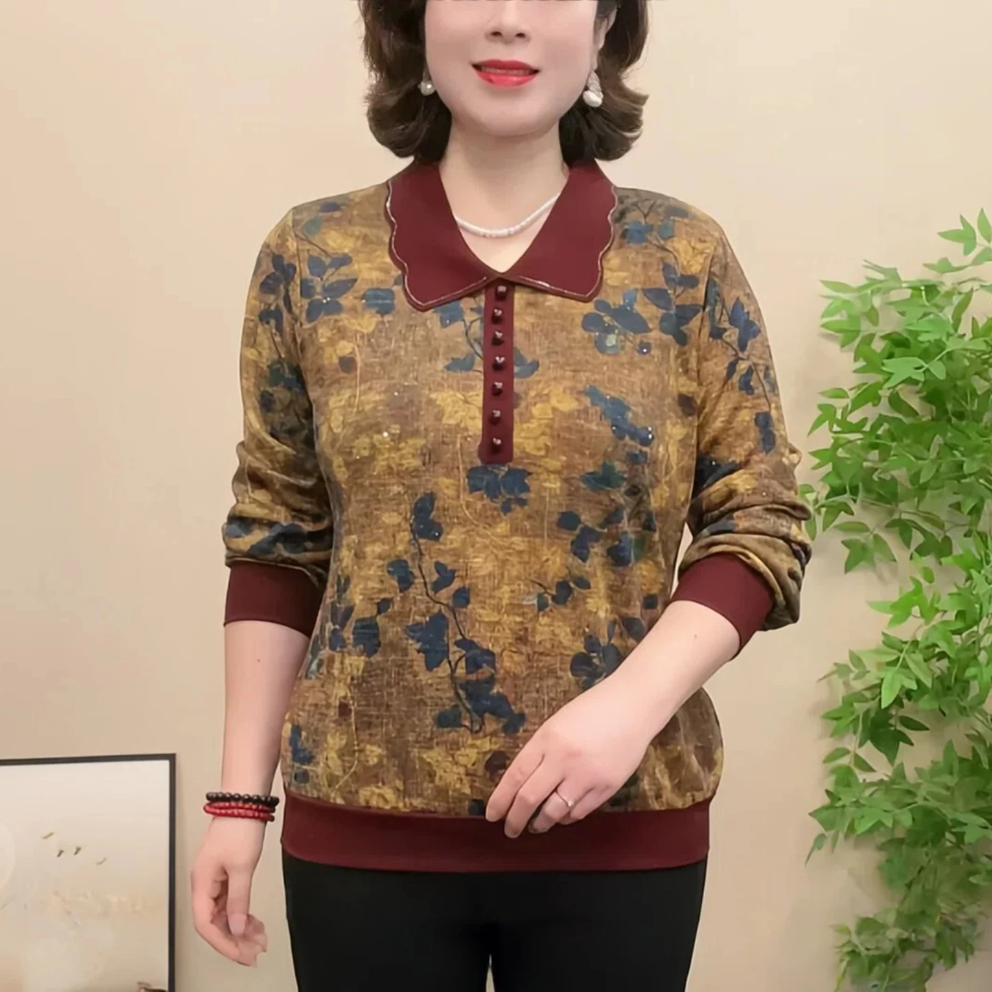 Spring Autumn Casual Style Long Sleeve Mommy Clothes T-Shirt Women Fashion Middle-aged Loose Belly Covering Top