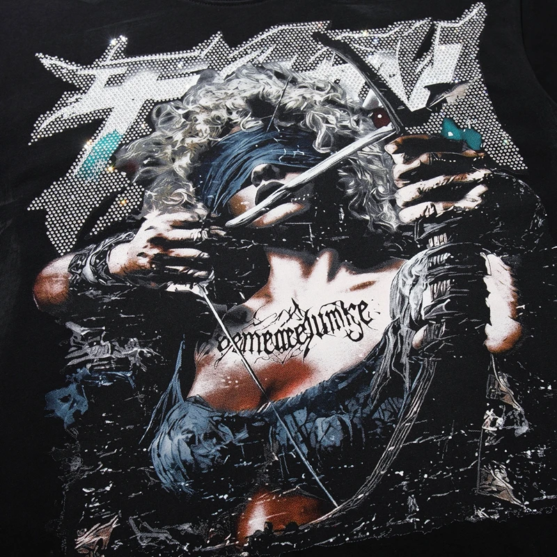 Vintage T-Shirt mit Kriegerinnen-Grafik für Männer, Distressed Gradient Washed Tee, Oversized Hip-Hop T-Shirts, Streetwear, Y2k-Kleidung, C – Detail 7