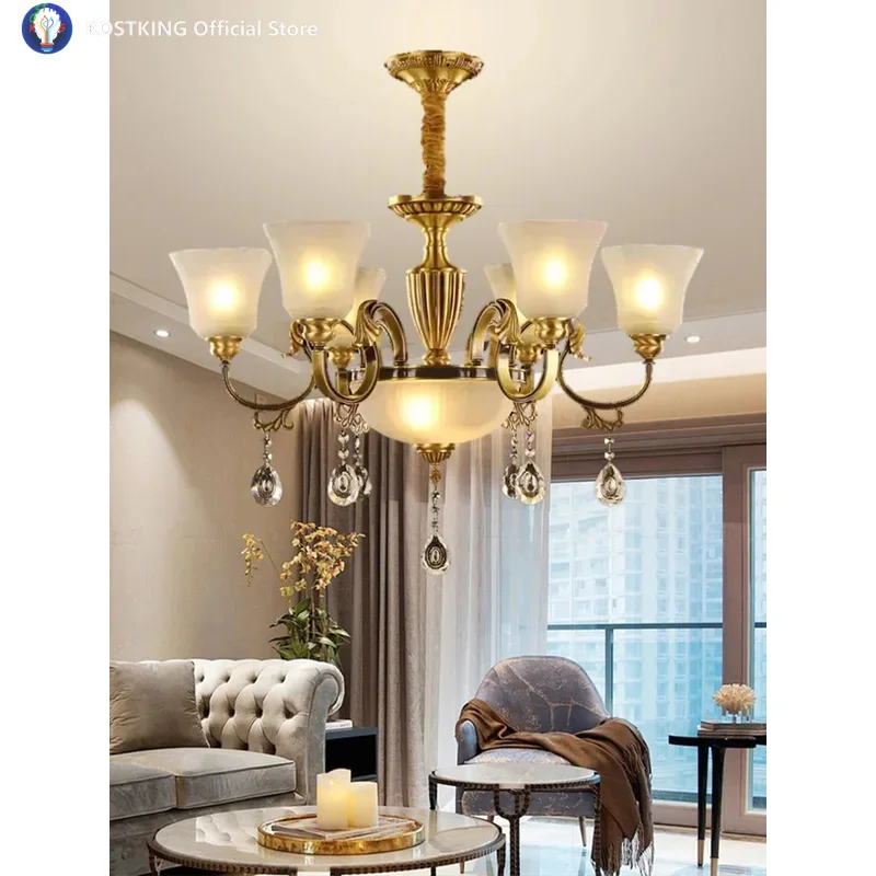 ثريا كريستال فاخرة فيلا دوبلكس غرفة المعيشة الثريات النحاسية الأوروبية خمر مصباح الغلاف الجوي أضواء المنزل شخصية