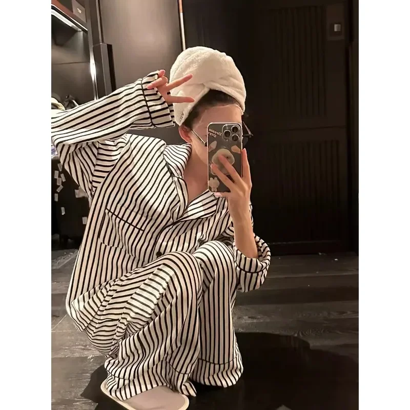 Stripe Pajamas Women Spring and Autumn 2024 New Pure Cotton Long sleeve Wide Leg Pants Summer Idle Homewear Set