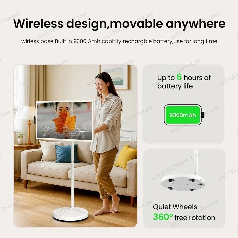 battery operated with wifi 6, Android 12, 4K camera 24 inch portable tv stand on wheels, portable smart tv with touch screen