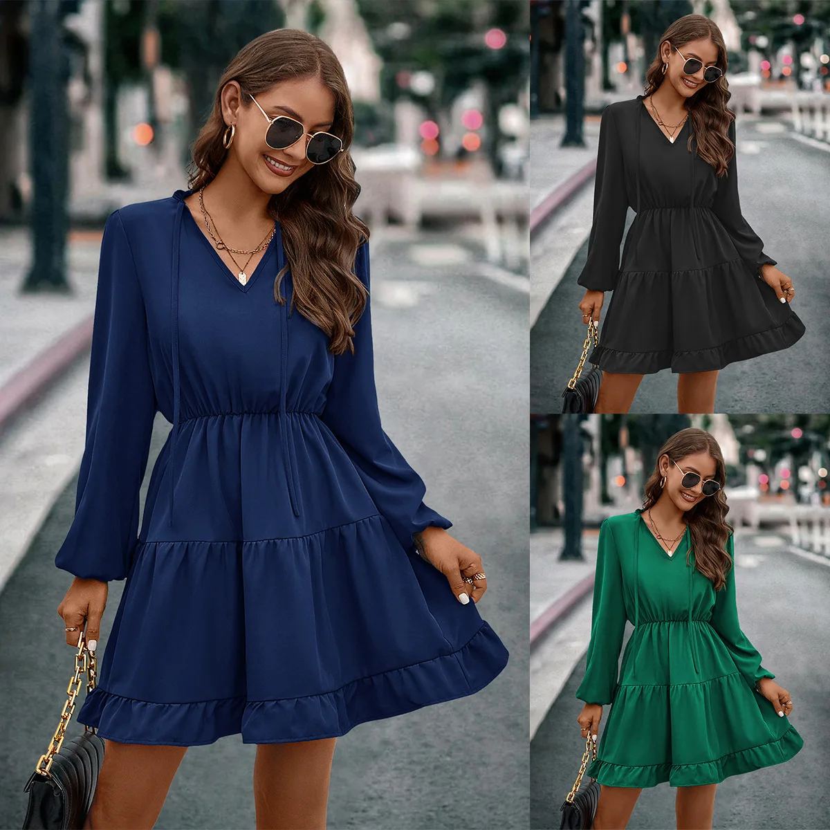 

Autumn/Winter New Fashion Casual Temperament Elegant Commuting Sexy Slim Fit V-neck Strap Long Sleeve Dress