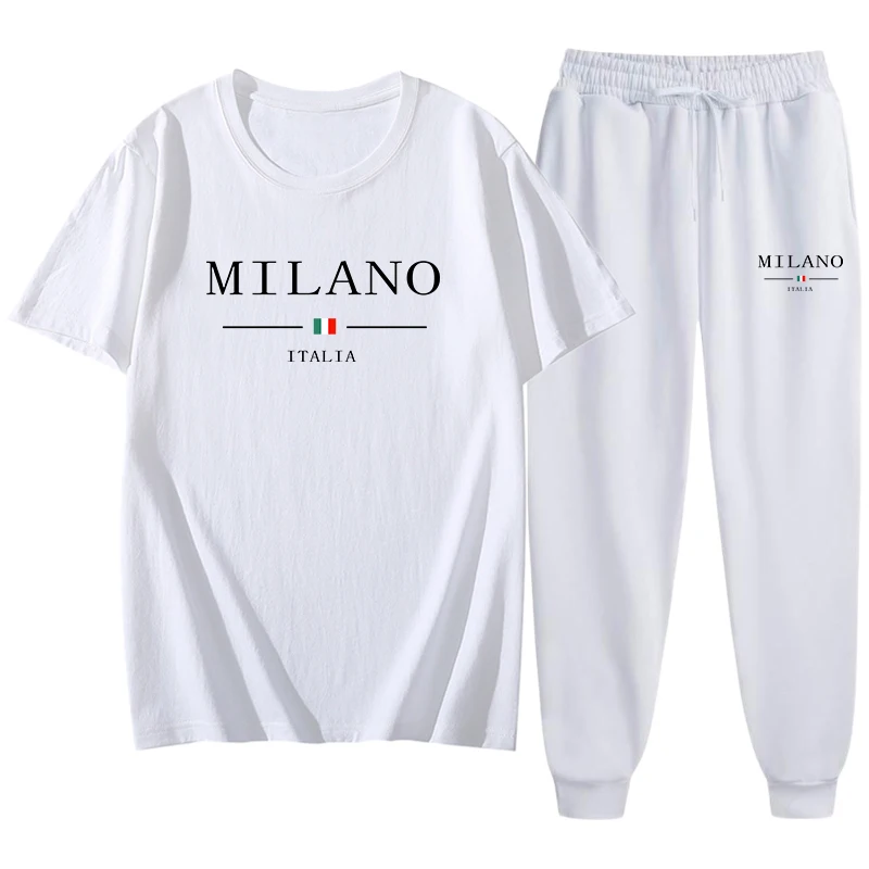 2025 Hot Sale Mens Pure Cotton T-shirts and Jogger Pants High Quality Italia Milan Printed Streetwear Spring Casual Sports Suits